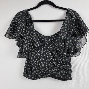 Lulu's Miya Ruffle Short Sleeve Crop Top Women's M Black Floral Zip Back Lined